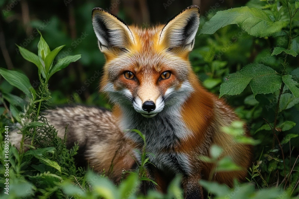 Fototapeta premium Red fox resting calmly among lush green foliage in a natural forest setting, showcasing its sharp eyes and vibrant fur