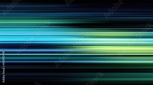 Abstract digital art, horizontal streaks of vibrant teal, aqua, and lime green light on dark background