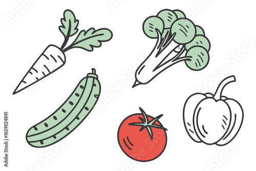 Collection of hand drawn vegetables including carrot cucumber broccoli tomato and bell pepper