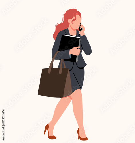 A businesswoman walks briskly while speaking energetically on the phone