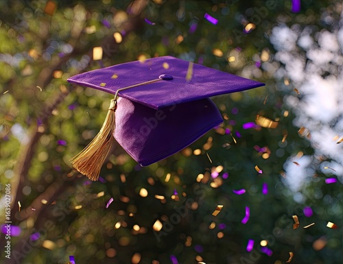 A purple graduation cap floats amidst golden and purple confetti