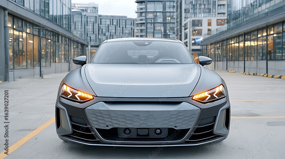 Obraz premium Elegant front view of a cinematic silver car with diamond cut grille design