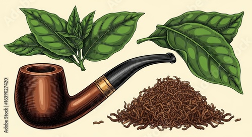 Still Life Vector Art of Tobacco Pipe and Leaves