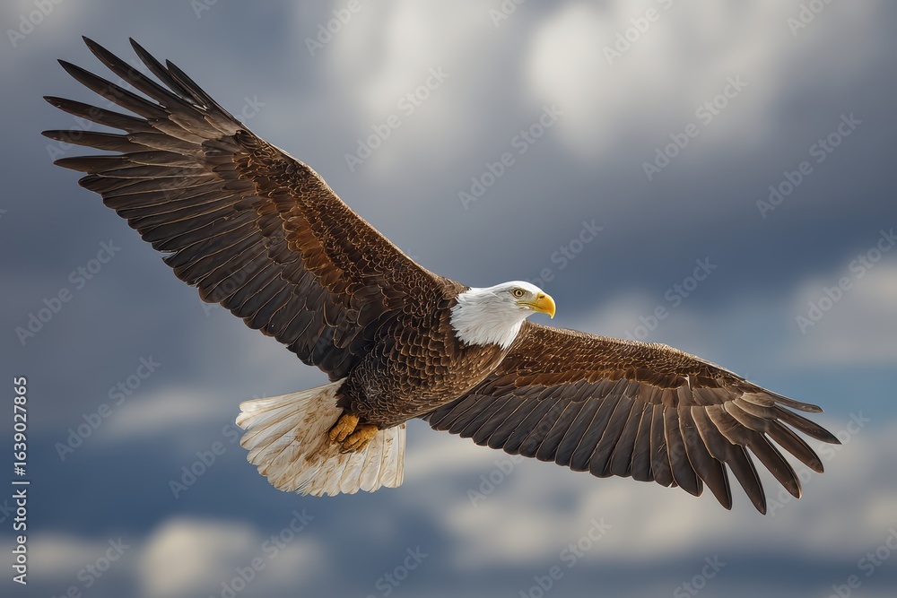 Obraz premium Majestic bald eagle soaring with spread wings against dramatic sky, capturing powerful form and feather details during golden sunrise or sunset. Wildlife conservation symbol in natural habitat.