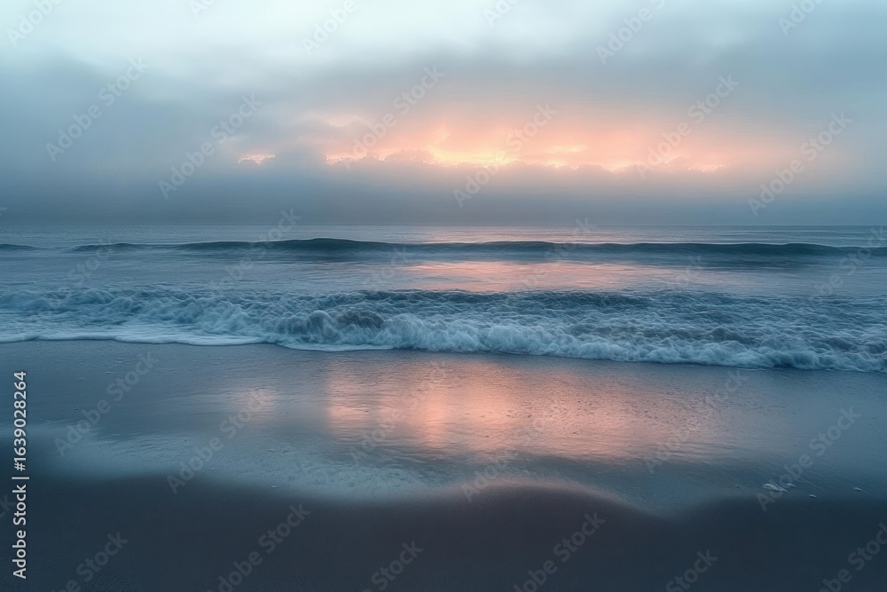 Obraz premium Calm ocean waves gently rolling onto the sandy shore under a cloudy sky with soft morning sunlight glowing on the horizon and reflecting on wet sand