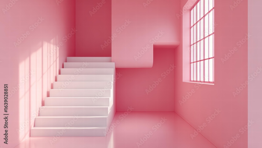 Obraz premium Pink-walled room with white staircase, window casting shadows for modern interior design, architectural renderings, tranquil space aesthetics, and serene environments.