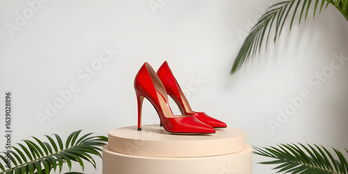 Luxurious pair of vibrant red high heels shoes displayed on a beige product podium with tropical leaf against studio background, copy text space, fashion banner template for branding and advertising
