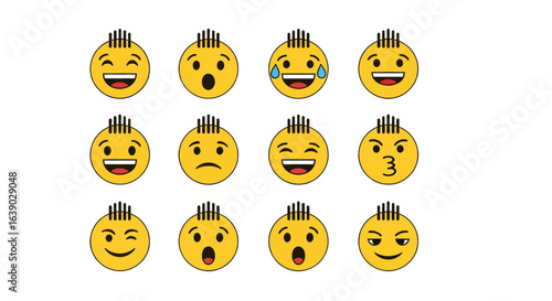 Set of funny emoticon characters with mohawk hairstyles and various expressions