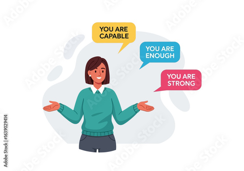 Woman surrounded by positive speech bubbles, suitable for mental health, motivation, selfhelp, positivity, and wellnessrelated content.
