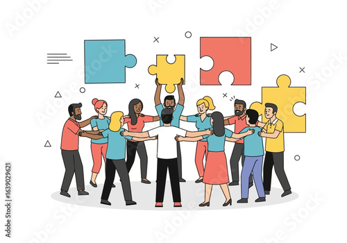 Portrays diverse people collaborating, holding puzzle pieces together, symbolizing teamwork, cooperation, and success. Suitable for business, team building, and diversity concepts.