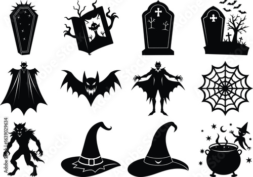 Collection set of halloween icons. Halloween silhouette elements vector. silhouettes of Halloween on aTransparent background
