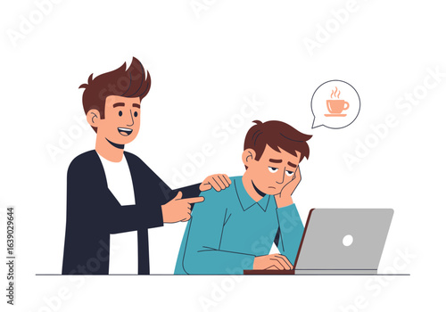 Office coworkers support each other, one yearns for coffee. Suitable for business, teamwork, corporate, support, and break time concepts.