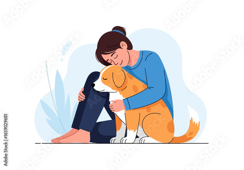 Woman sitting with her dog, showing love and tenderness. Great for pet care, friendship, animal lover and relaxation concepts