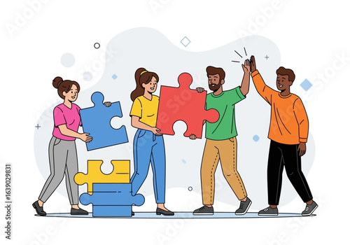 Four people celebrate completing a puzzle in an illustration. Suitable for depicting teamwork, success, collaboration, and achievement concepts.