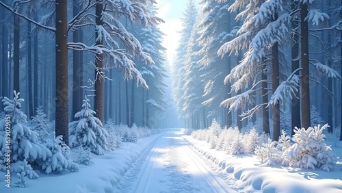 snowy forest path with sunlit evergreens in winter wonderland