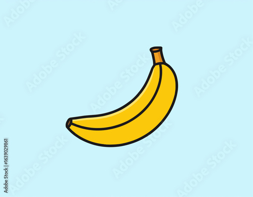 A simple cartoon illustration of a single ripe yellow banana on a light blue background.