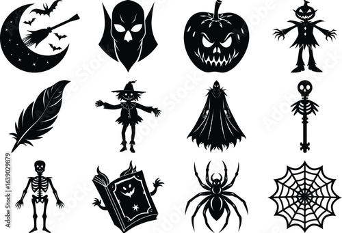 Halloween silhouettes haunted castles witches ghosts pumpkins spiders 
