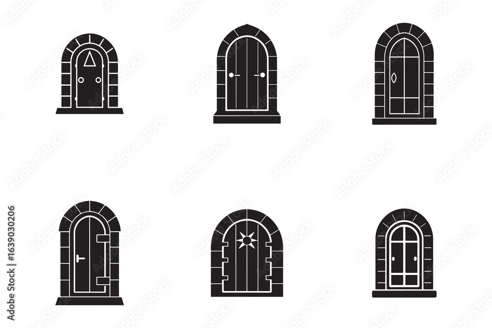 Obraz premium Collection of fantasy arched doors in black and white with different designs vector set for design and print