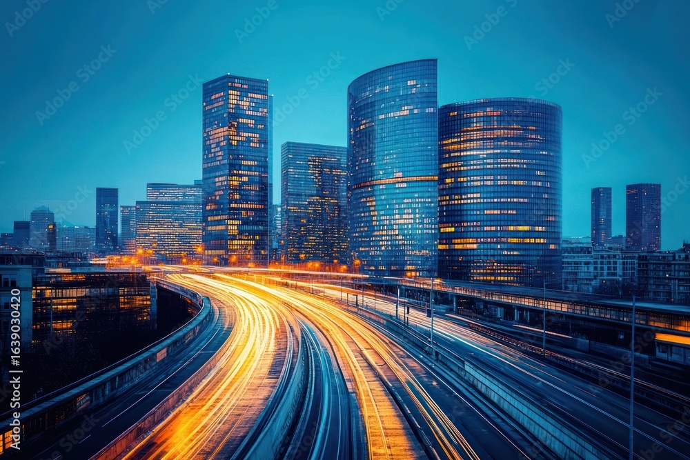 Fototapeta premium Nighttime cityscape with curved highways illuminated by streaks of car lights in front of tall modern glass skyscrapers under a deep blue sky