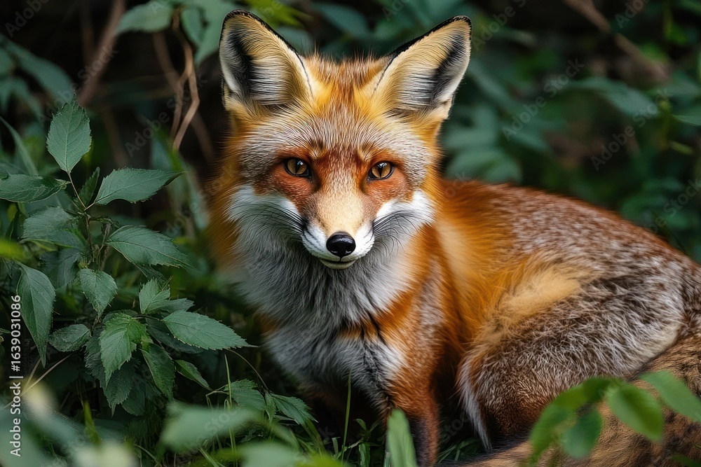 Obraz premium Close-up of a red fox sitting calmly among green leafy plants with focused eyes in natural forest surroundings