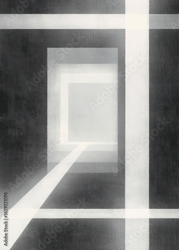 Monochromatic geometric composition with overlapping rectangular forms and intersecting light beams creating depth and spatial illusion