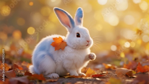 Adorable white rabbit with blue ears sitting among autumn leaves under warm sunlight
