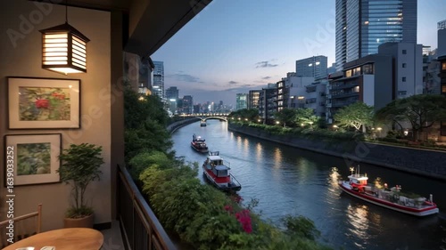 Rivers and streams nurturing life bringing warmth to homes. Scenic Evening View From Balcony Overlooking Urban River Landscape
