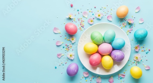 Colorful easter eggs arranged on a plate with scattered petals
