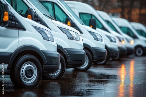 Wallpaper Mural Row of white commercial vans parked in a wet lot on a rainy day with one van's turn signal lights on Torontodigital.ca