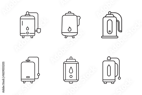 Collection of minimalist line art water heater icons in vector format for web design and graphic design projects