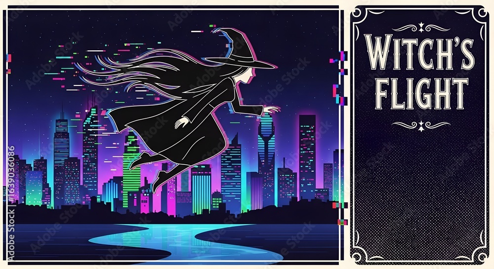 Obraz premium Witchy Glitch Neon Skyline Soar, magical digital spooky vibrant night cityscape flying glitchy supernatural glowing fantasy ethereal energy futuristic enchanted mysterious celebration atmosphere