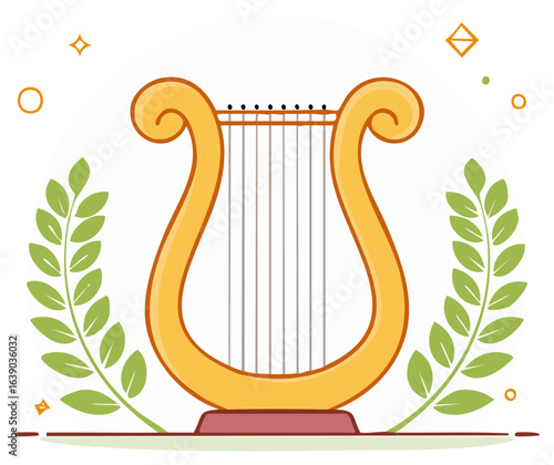 Golden Harp with Laurel Wreath Illustration Symbol of Music and Poetry