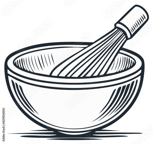 Classic kitchen mixing bowl with a wire whisk for baking cooking and culinary preparation