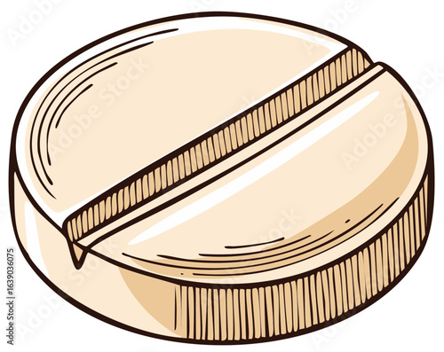 Simple illustration of a light brown circular pill with a single score line across its surface.