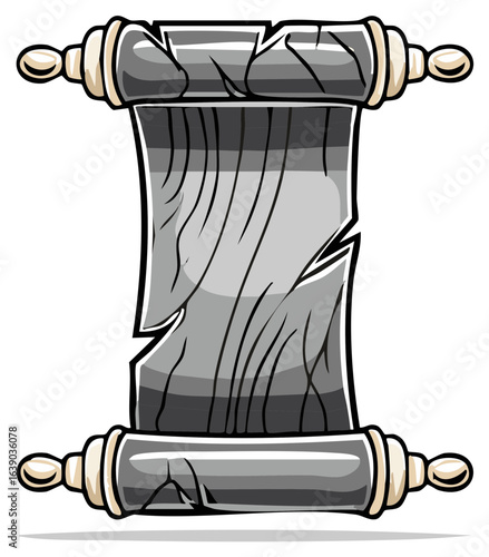 A torn aged scroll with wooden rollers and grey parchment in cartoon style