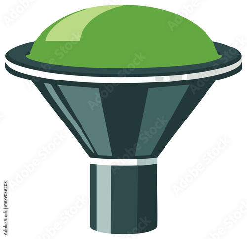 Green retro street lamp with dark gray metal housing and white details against white background