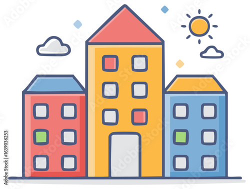 Colorful Buildings Illustration featuring Rooftops Windows Sun and Clouds