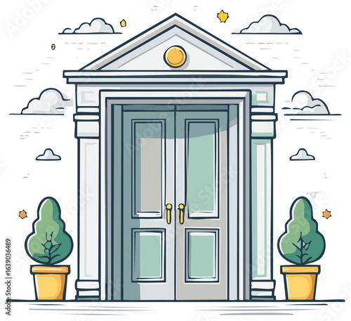 Illustration of a grand entrance with columns, double doors, and potted trees against a backdrop of clouds and stars