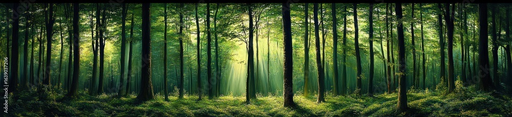 Fototapeta premium Sunlight filtering through tall, slender trees in a dense green forest with soft shadows and lush undergrowth, evoking a peaceful and serene atmosphere