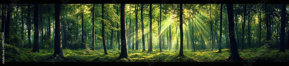 Fototapeta premium Sunlight streaming through tall trees in a lush green forest with dense foliage and a serene atmosphere