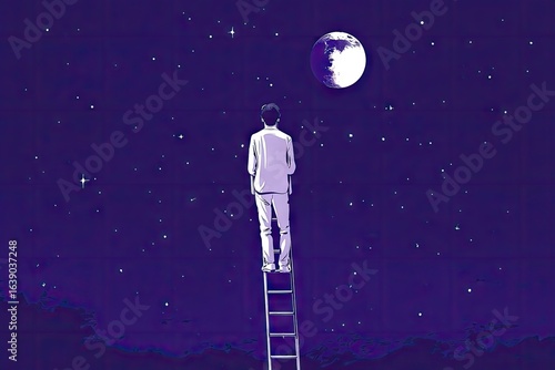 A lone figure, clad in white, stands atop a ladder against a deep purple night sky, gazing at a large, partially obscured moon amidst a scattering of stars.  