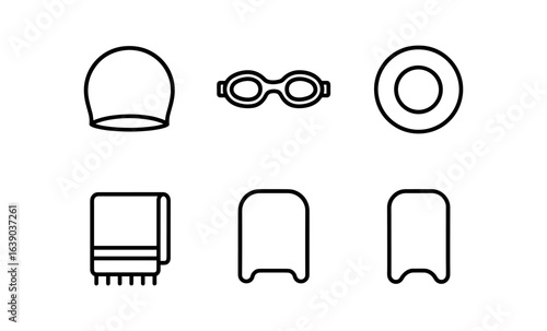 Minimalist swimming equipment icons: cap, goggles, lifebuoy, towel, kickboard, training tools