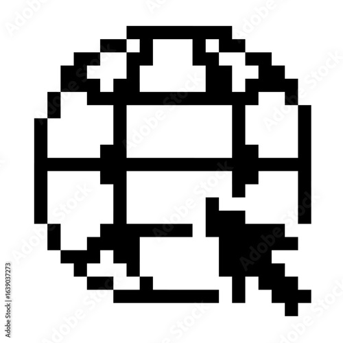 Pixel internet icon vector for global communication, web services, and digital networks in a retro pixelated style. Ideal for illustrating online content and worldwide connectivity.