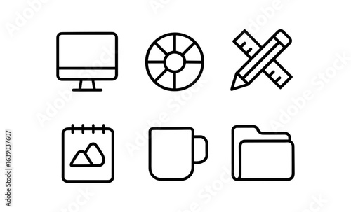 Linear icons of office tools: computer, lifesaver, pencil, calendar, mug, folder