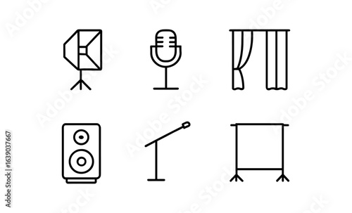 Minimalist line icons of studio equipment for photography and audio sessions