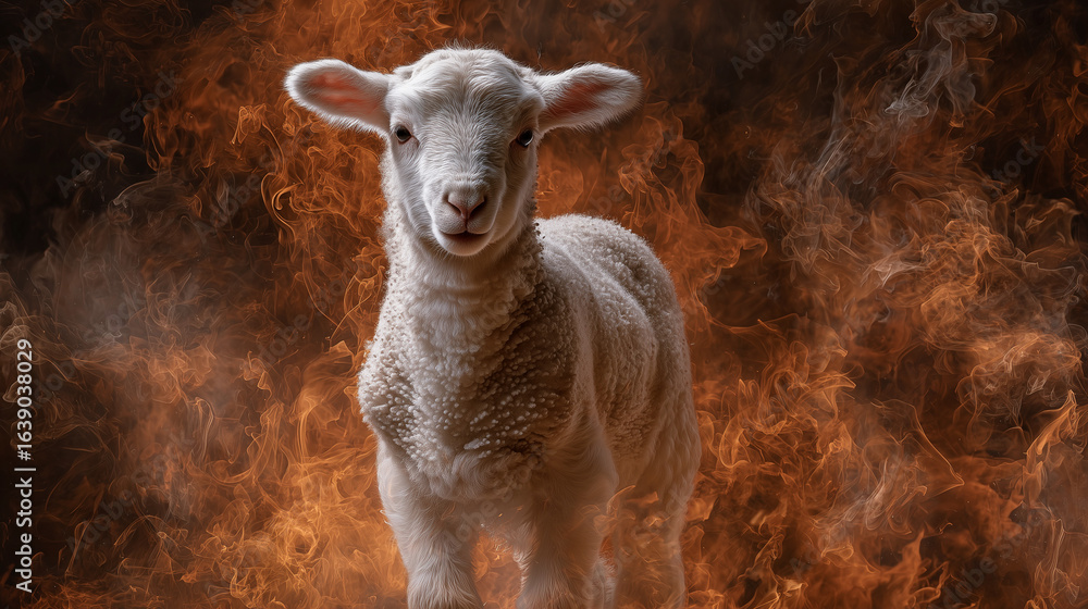 Obraz premium Lamb in Flames: A serene lamb stands defiantly against a backdrop of fiery flames, evoking a sense of resilience and courage in the face of adversity. 