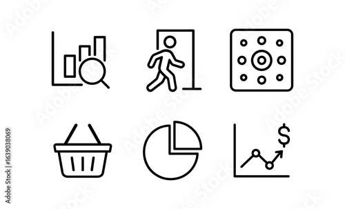 Minimal linear icons: analytics, security, shopping, and finance symbols collection