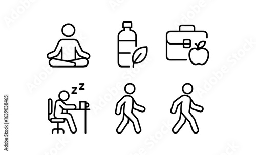 Linear wellness icons: yoga, hydration, office breaks, and walking