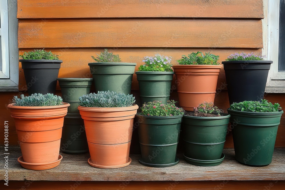 Naklejka premium Several terracotta and dark green flowerpots placed on a wooden surface against an orange wooden wall with healthy green plants and some small flowers inside the pots