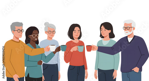 An illustration featuring a diverse, multi-generational group of men and women holding coffee cups, signifying conversation, friendship, and community on a white background.